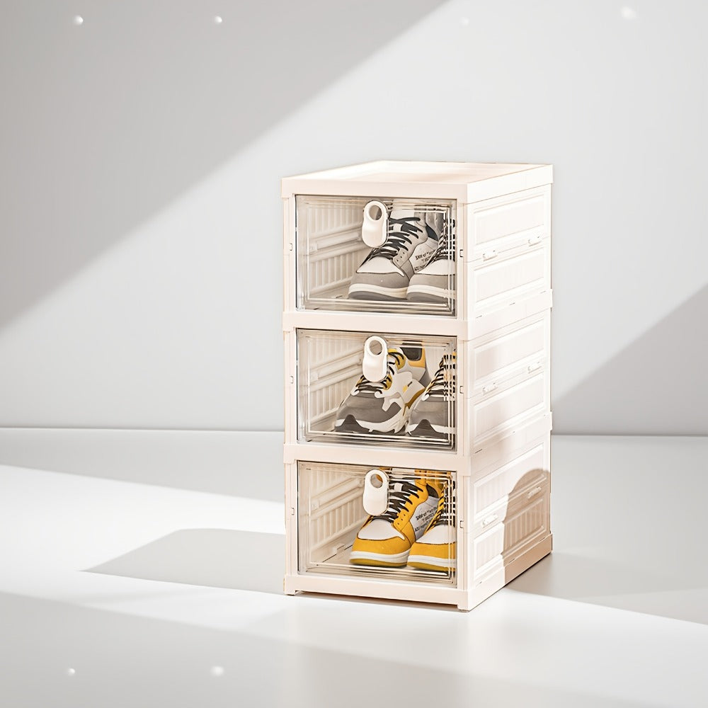 Foldable Clear-Front Shoe Box Tower with Flip Doors in Three-, Five- or Six-Layer Configurations