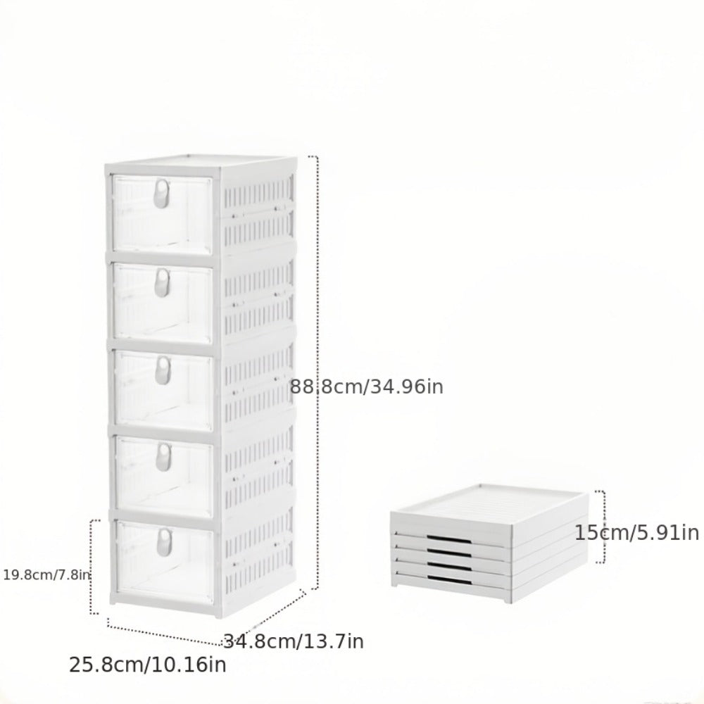 Foldable Clear-Front Shoe Box Tower with Flip Doors in Three-, Five- or Six-Layer Configurations