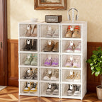 Foldable Clear-Front Shoe Box Tower with Flip Doors in Three-, Five- or Six-Layer Configurations