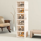 Foldable Clear-Front Shoe Box Tower with Flip Doors in Three-, Five- or Six-Layer Configurations