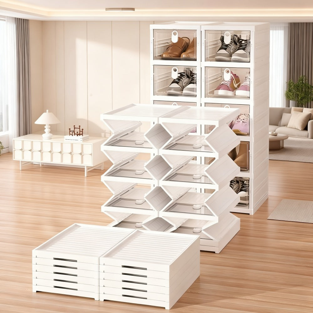 Foldable Clear-Front Shoe Box Tower with Flip Doors in Three-, Five- or Six-Layer Configurations