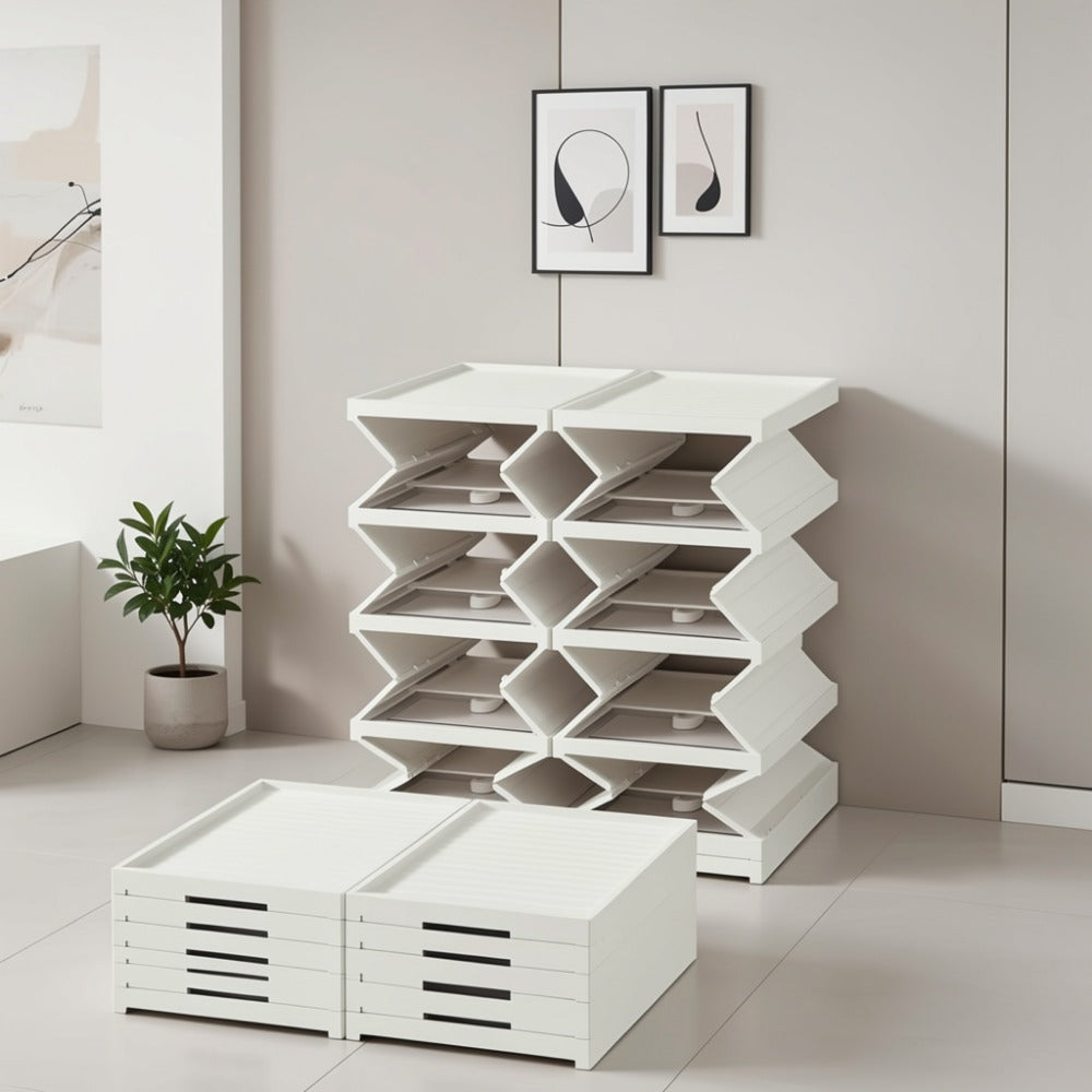 Foldable Clear-Front Shoe Box Tower with Flip Doors in Three-, Five- or Six-Layer Configurations