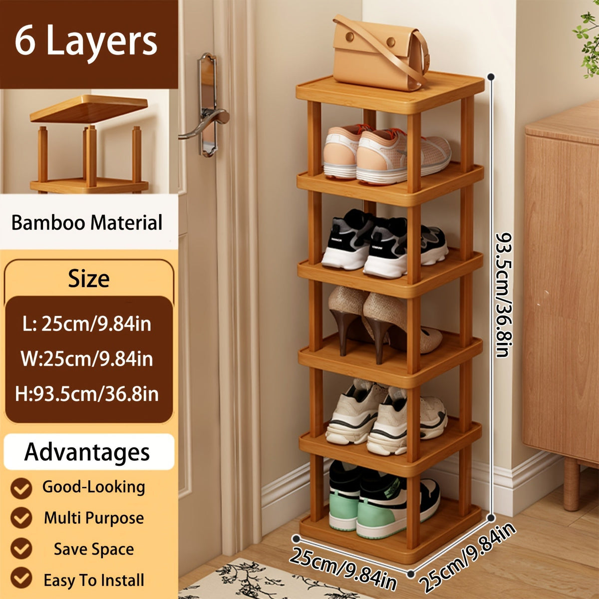 Shoe Organizer Slim Bamboo Stackable Tower with 3, 6 or 9 Tiers for Vertical Entryway Storage