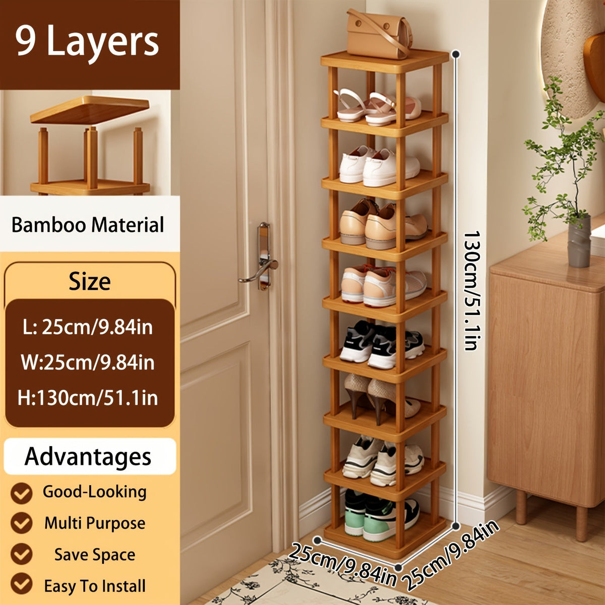 Shoe Organizer Slim Bamboo Stackable Tower with 3, 6 or 9 Tiers for Vertical Entryway Storage