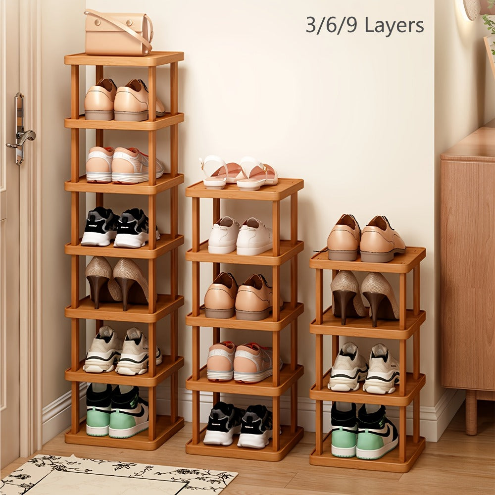 Shoe Organizer Slim Bamboo Stackable Tower with 3, 6 or 9 Tiers for Vertical Entryway Storage