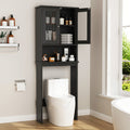 Over-the-Toilet Bathroom Storage Cabinet with Glass-Panel Double Doors, Open Shelf and Three Color Options