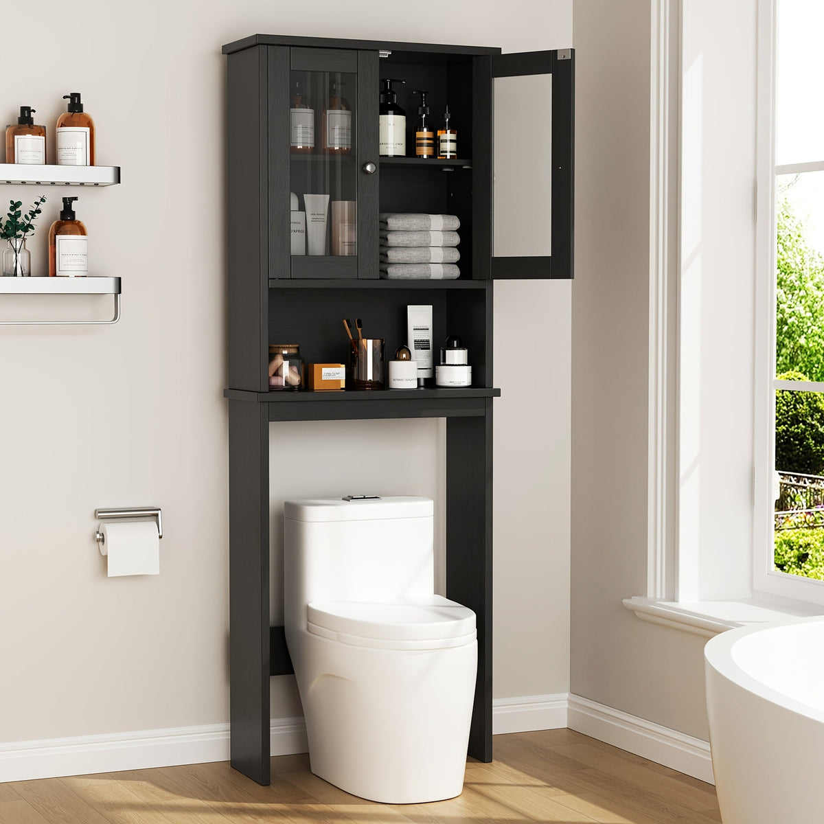 Over-the-Toilet Bathroom Storage Cabinet with Glass-Panel Double Doors, Open Shelf and Three Color Options