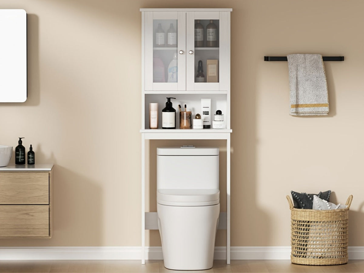 Over-the-Toilet Bathroom Storage Cabinet with Glass-Panel Double Doors, Open Shelf and Three Color Options