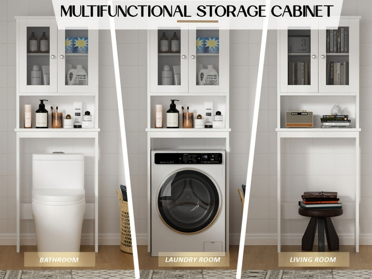 Over-the-Toilet Bathroom Storage Cabinet with Glass-Panel Double Doors, Open Shelf and Three Color Options