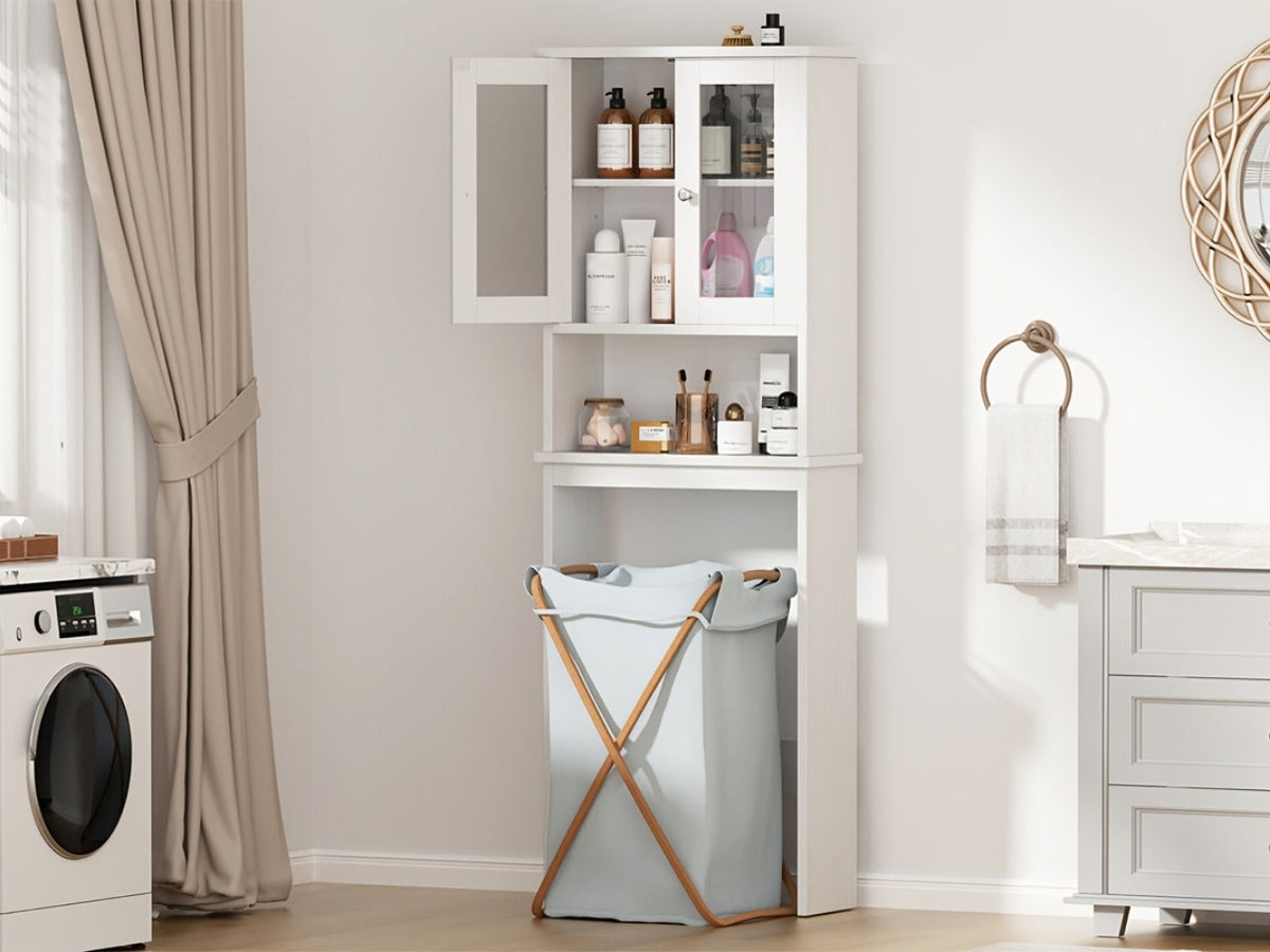 Over-the-Toilet Bathroom Storage Cabinet with Glass-Panel Double Doors, Open Shelf and Three Color Options