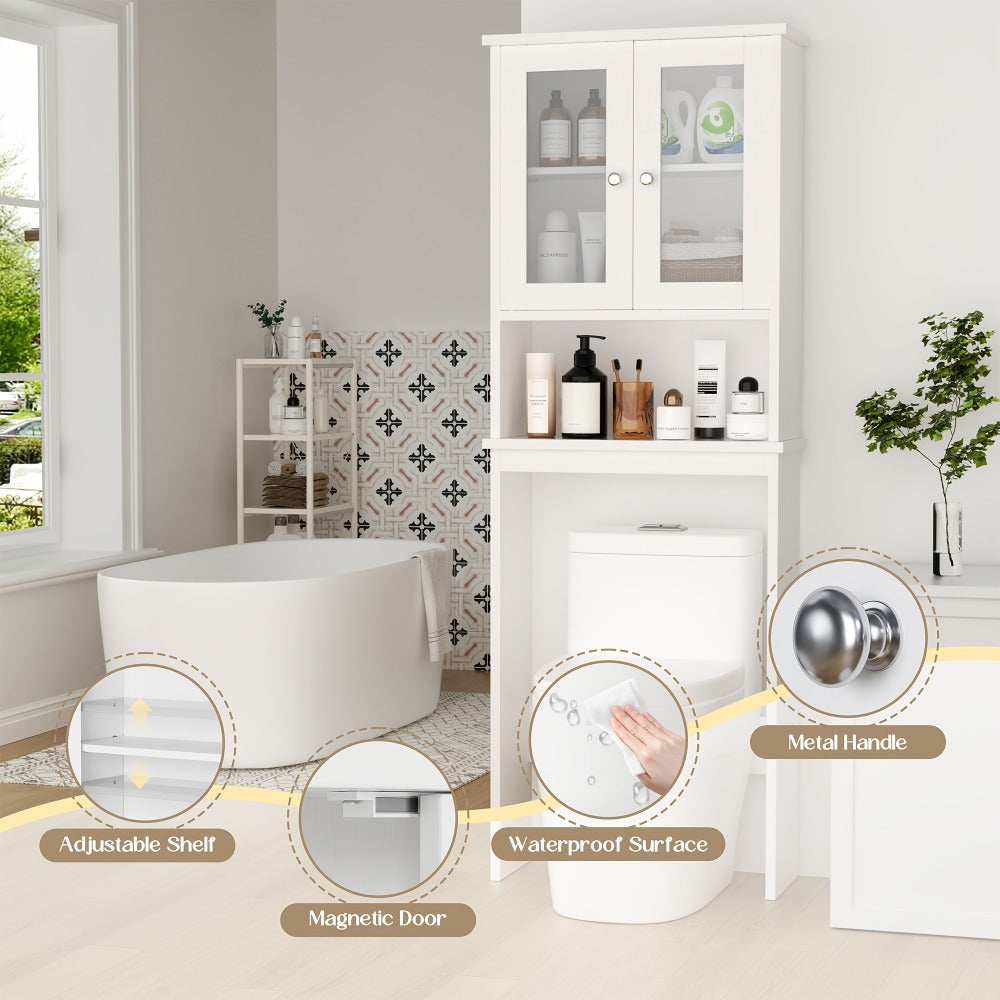Over-the-Toilet Bathroom Storage Cabinet with Glass-Panel Double Doors, Open Shelf and Three Color Options