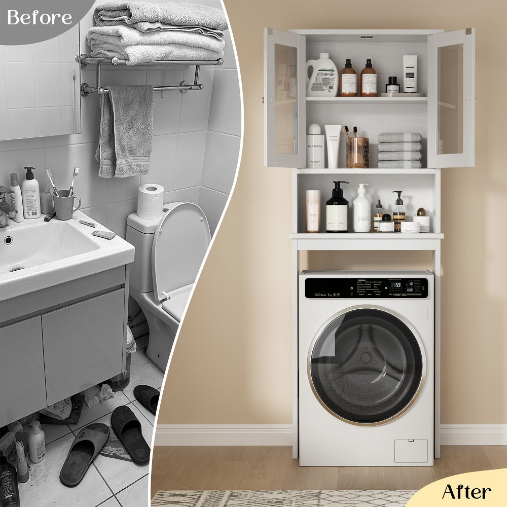 Over-the-Toilet Bathroom Storage Cabinet with Glass-Panel Double Doors, Open Shelf and Three Color Options
