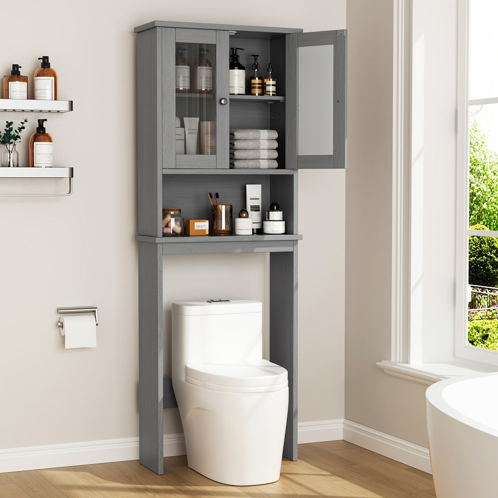 Over-the-Toilet Bathroom Storage Cabinet with Glass-Panel Double Doors, Open Shelf and Three Color Options