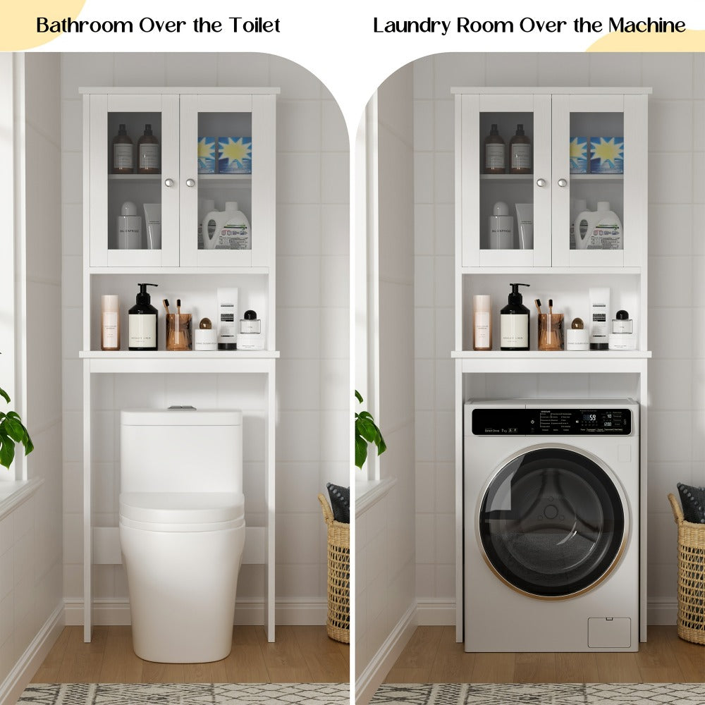 Over-the-Toilet Bathroom Storage Cabinet with Glass-Panel Double Doors, Open Shelf and Three Color Options