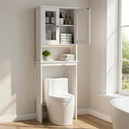 Over-the-Toilet Bathroom Storage Cabinet with Glass-Panel Double Doors, Open Shelf and Three Color Options