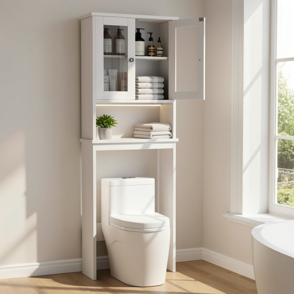 Over-the-Toilet Bathroom Storage Cabinet with Glass-Panel Double Doors, Open Shelf and Three Color Options