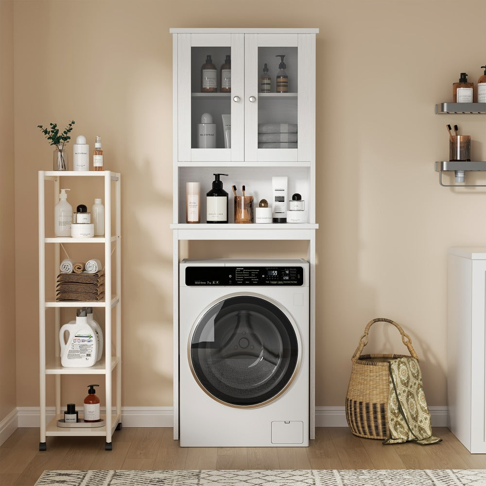 Over-the-Toilet Bathroom Storage Cabinet with Glass-Panel Double Doors, Open Shelf and Three Color Options