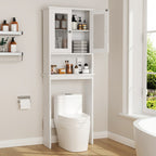 Over-the-Toilet Bathroom Storage Cabinet with Glass-Panel Double Doors, Open Shelf and Three Color Options