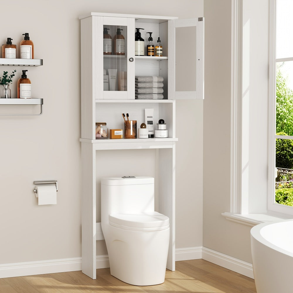 Over-the-Toilet Bathroom Storage Cabinet with Glass-Panel Double Doors, Open Shelf and Three Color Options