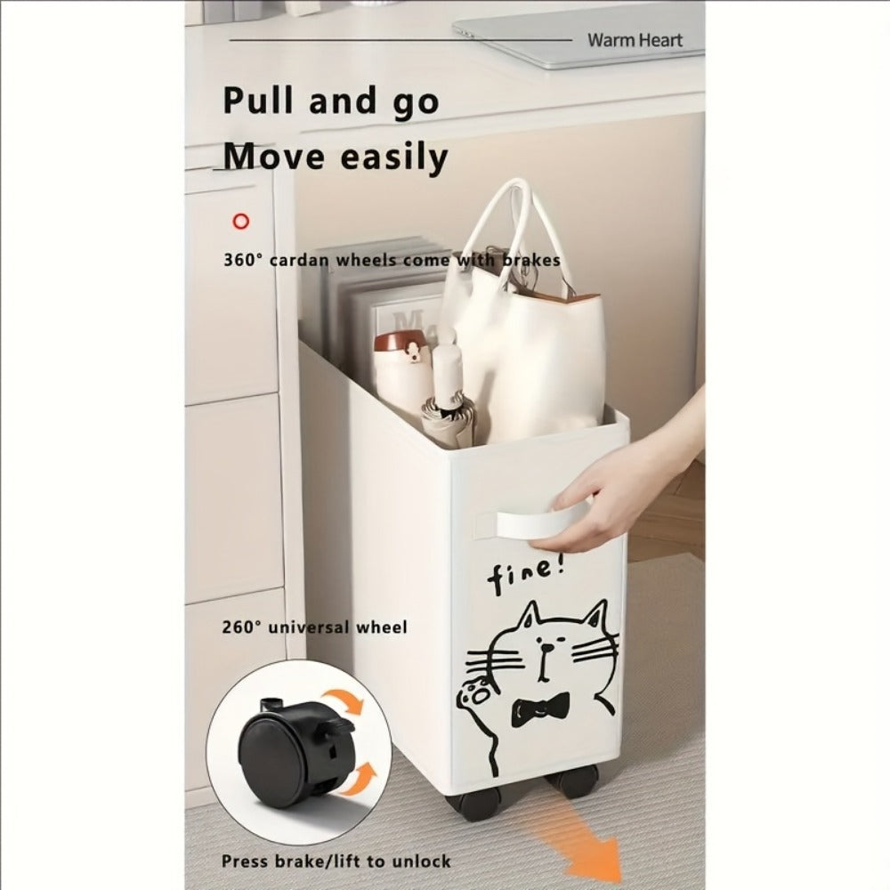 Storage Cart Slim Rolling Fabric Bin with Open Top, Side Handles and Black or White Color Options for Narrow Spaces