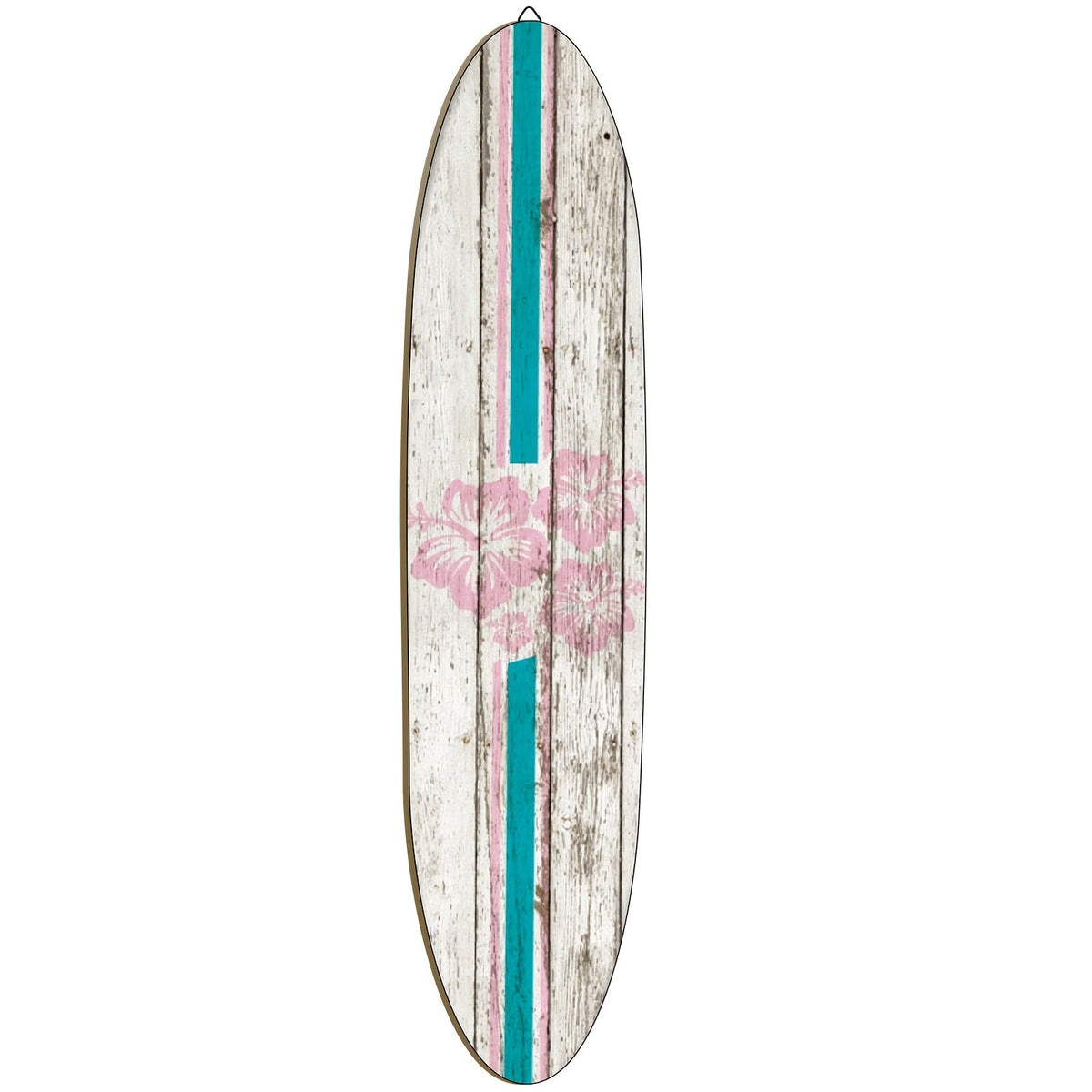 Wooden Surfboard Wall Art 15.74", Rustic Tropical Beach Decor with Hibiscus & Tiki Mask Design