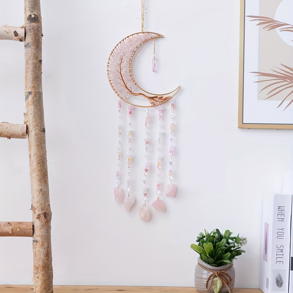 Dreamcatcher Moon Suncatcher Wall Hanging, Handmade Boho Wind Chime Pendant for Indoor Outdoor Garden