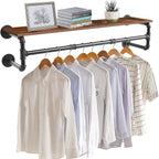 Wall-Mounted Garment Rail with Dark Pipe Frame, Rectangular Wood Shelf, Three Hooks and 100cm Width