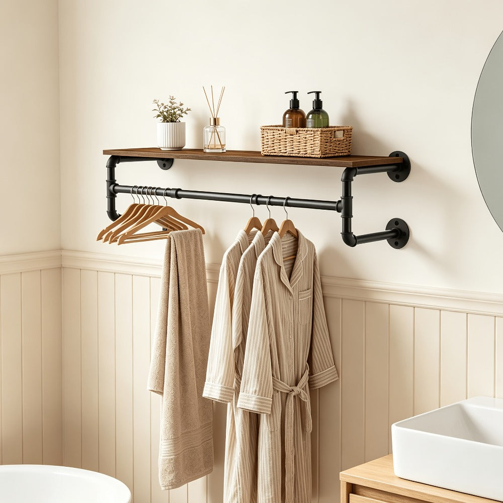 Wall-Mounted Garment Rail with Dark Pipe Frame, Rectangular Wood Shelf, Three Hooks and 100cm Width