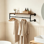 Wall-Mounted Garment Rail with Dark Pipe Frame, Rectangular Wood Shelf, Three Hooks and 100cm Width