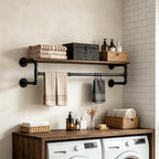 Wall-Mounted Garment Rail with Dark Pipe Frame, Rectangular Wood Shelf, Three Hooks and 100cm Width