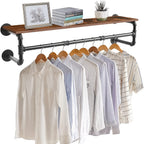 Wall-Mounted Garment Rail with Dark Pipe Frame, Rectangular Wood Shelf, Three Hooks and 100cm Width