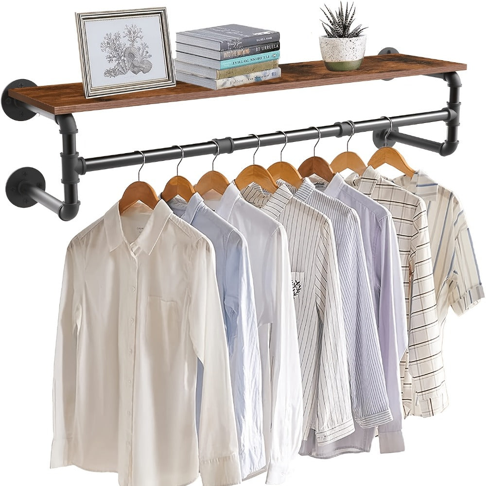 Wall-Mounted Garment Rail with Dark Pipe Frame, Rectangular Wood Shelf, Three Hooks and 100cm Width