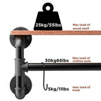 Wall-Mounted Garment Rail with Dark Pipe Frame, Rectangular Wood Shelf, Three Hooks and 100cm Width