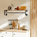 Wall-Mounted Garment Rail with Dark Pipe Frame, Rectangular Wood Shelf, Three Hooks and 100cm Width