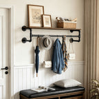 Wall-Mounted Garment Rail with Dark Pipe Frame, Rectangular Wood Shelf, Three Hooks and 100cm Width
