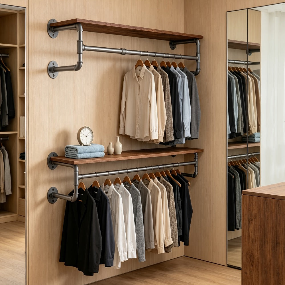 Wall-Mounted Garment Rail with Dark Pipe Frame, Rectangular Wood Shelf, Three Hooks and 100cm Width