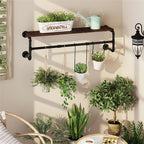Wall-Mounted Garment Rail with Dark Pipe Frame, Rectangular Wood Shelf, Three Hooks and 100cm Width
