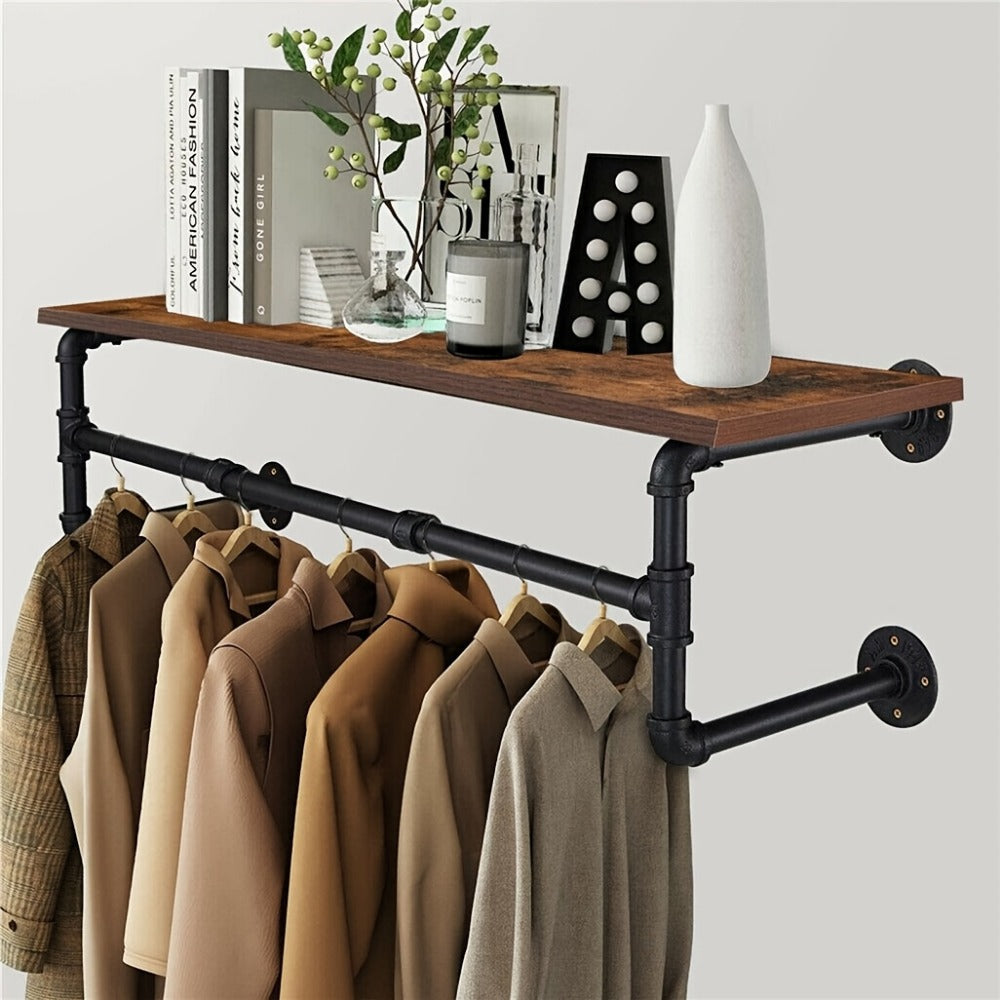 Wall-Mounted Garment Rail with Dark Pipe Frame, Rectangular Wood Shelf, Three Hooks and 100cm Width
