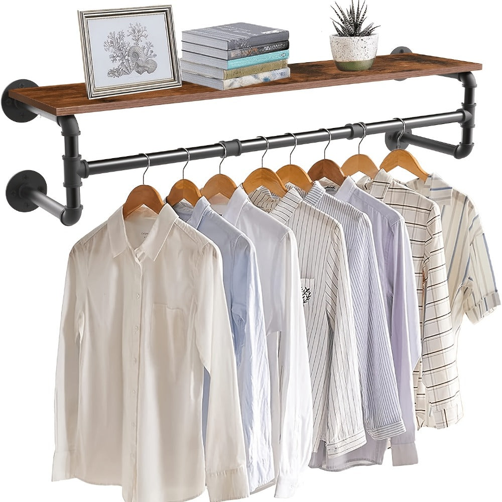 Wall-Mounted Garment Rail with Dark Pipe Frame, Rectangular Wood Shelf, Three Hooks and 100cm Width