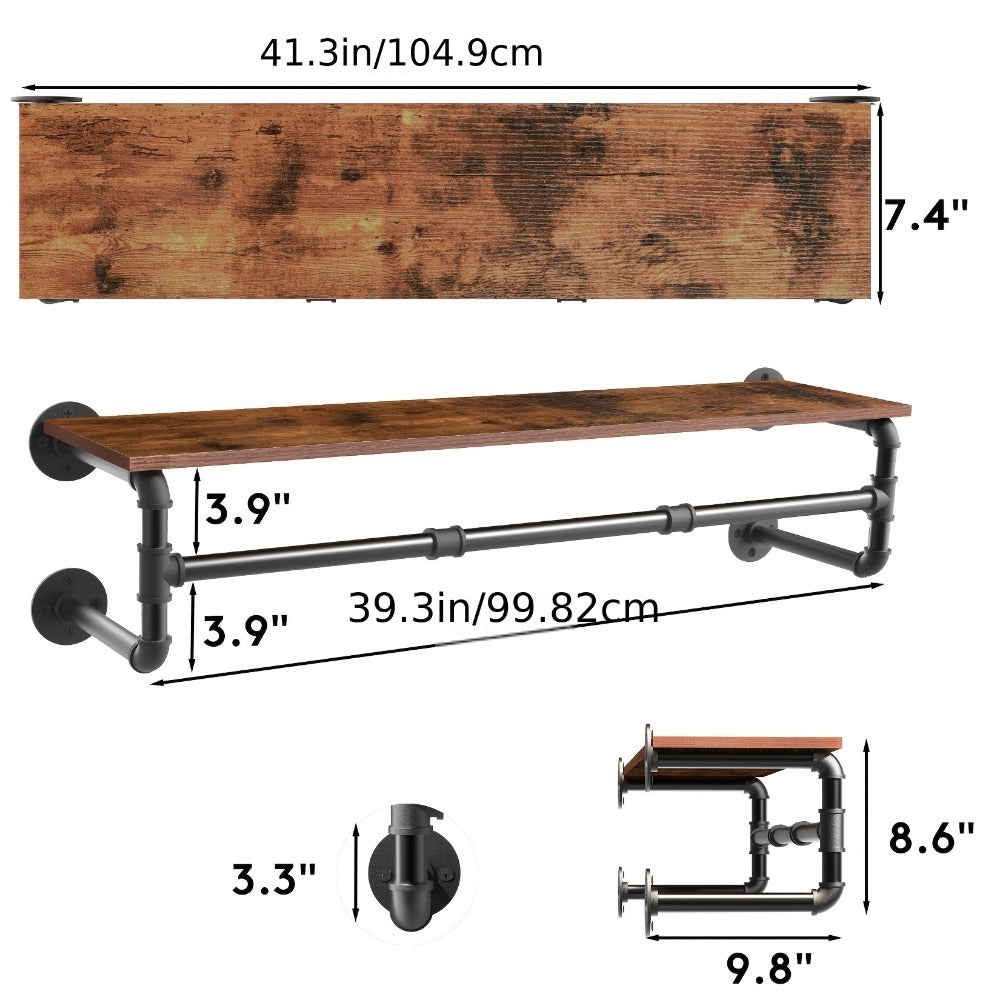 Wall-Mounted Garment Rail with Dark Pipe Frame, Rectangular Wood Shelf, Three Hooks and 100cm Width