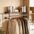 Wall-Mounted Garment Rail with Dark Pipe Frame, Rectangular Wood Shelf, Three Hooks and 100cm Width