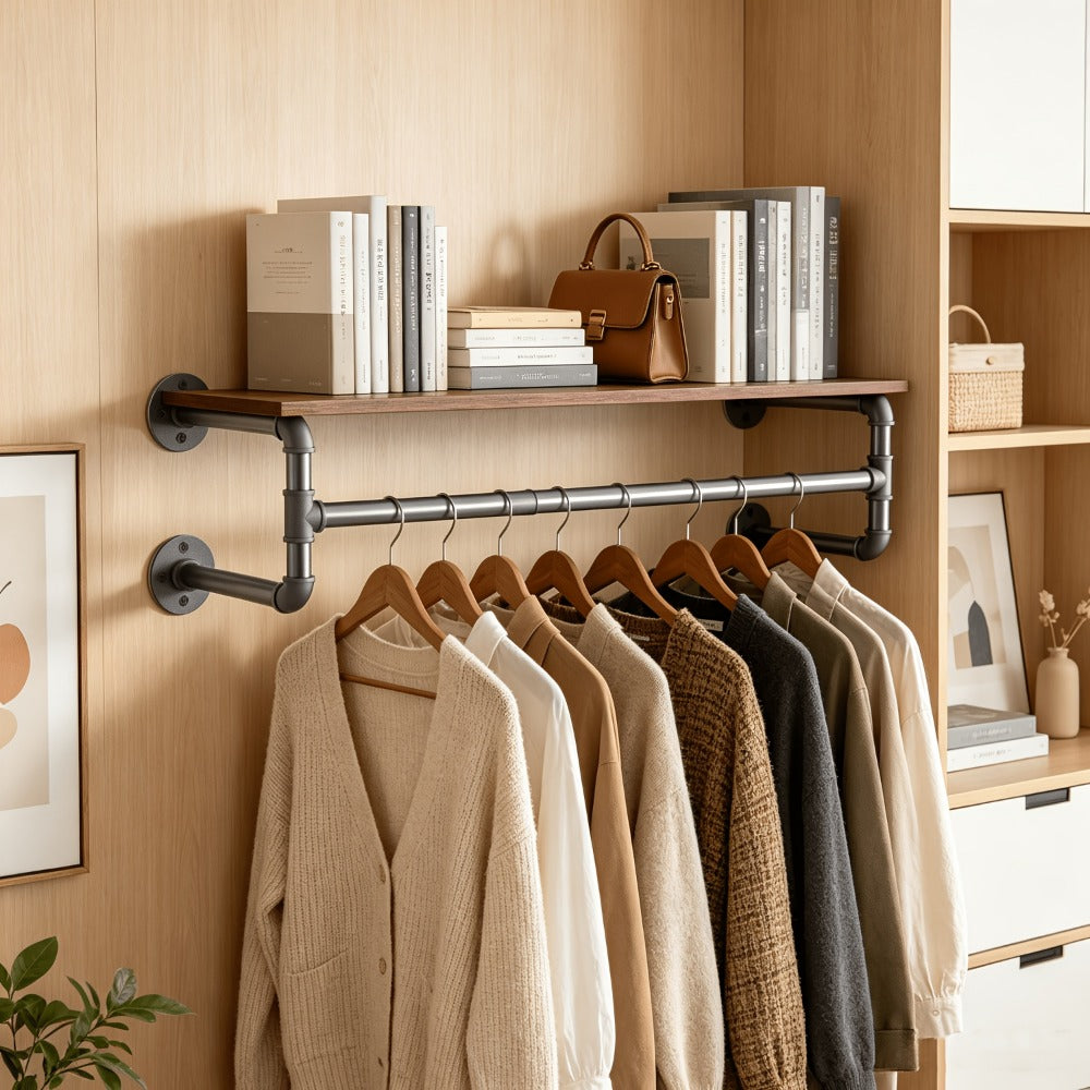 Wall-Mounted Garment Rail with Dark Pipe Frame, Rectangular Wood Shelf, Three Hooks and 100cm Width