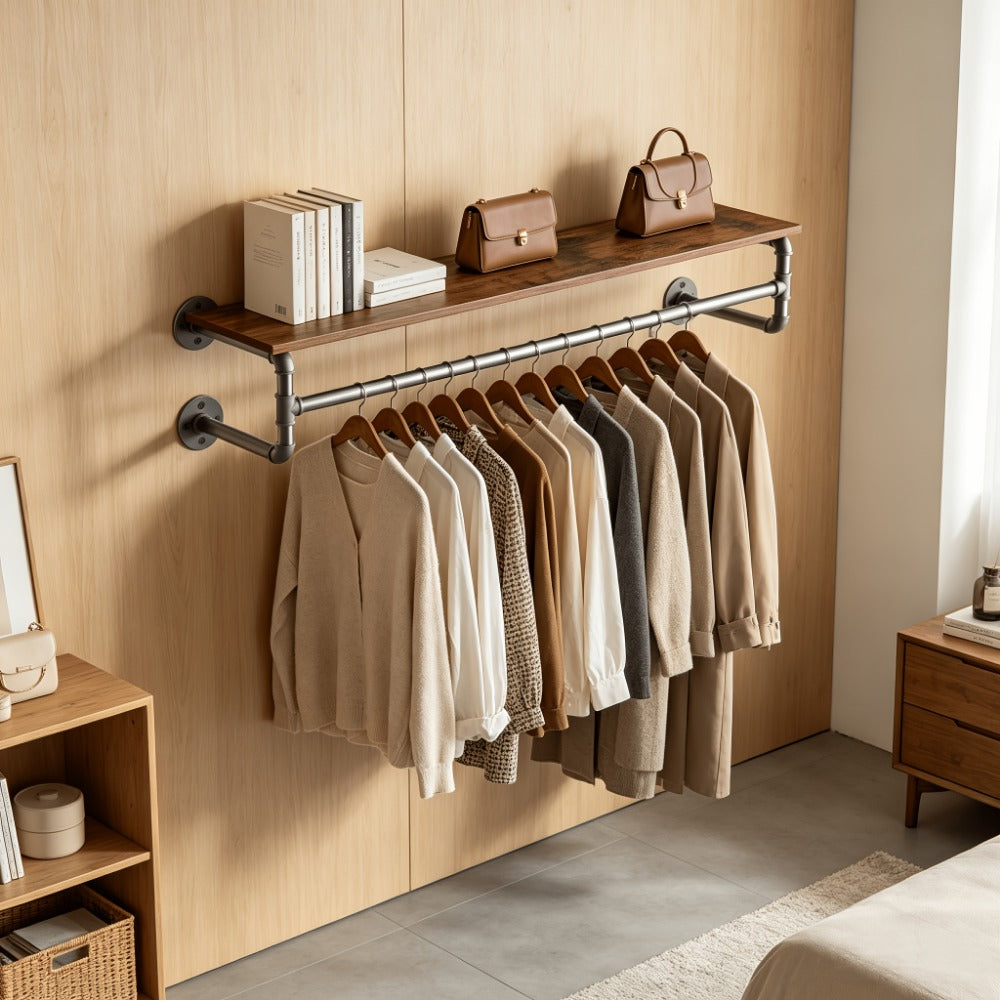 Wall-Mounted Garment Rail with Dark Pipe Frame, Rectangular Wood Shelf, Three Hooks and 100cm Width