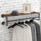 Wall-Mounted Garment Rail with Dark Pipe Frame, Rectangular Wood Shelf, Three Hooks and 100cm Width