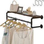 Wall-Mounted Garment Rail with Dark Pipe Frame, Rectangular Wood Shelf, Three Hooks and 100cm Width