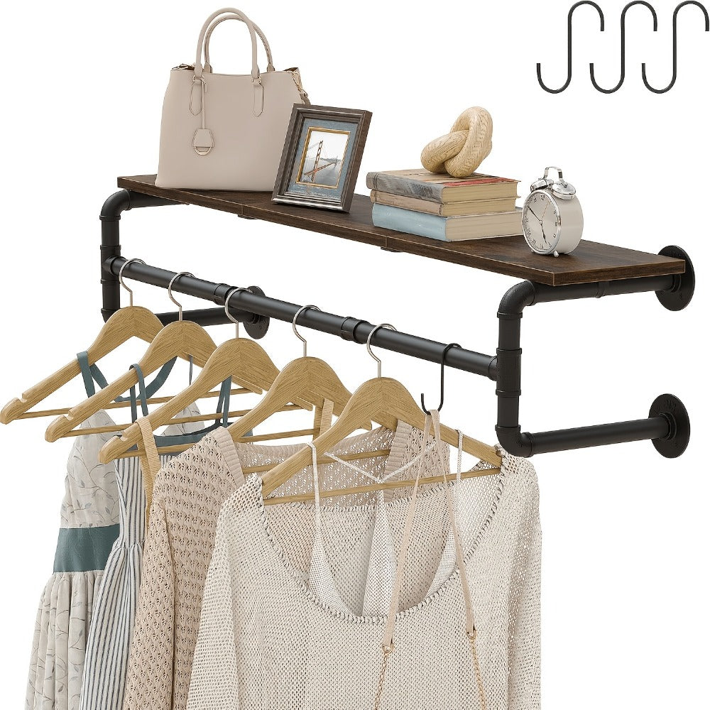 Wall-Mounted Garment Rail with Dark Pipe Frame, Rectangular Wood Shelf, Three Hooks and 100cm Width