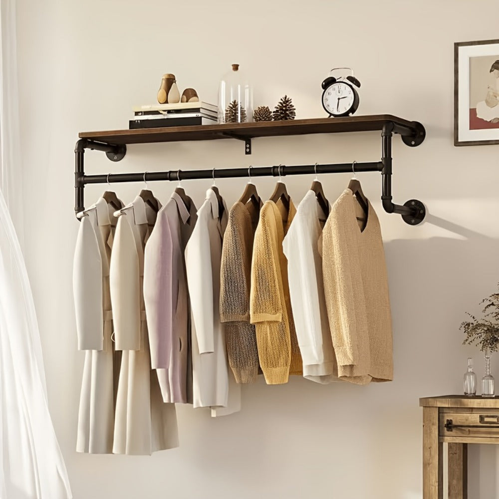 Wall-Mounted Garment Rail with Dark Pipe Frame, Rectangular Wood Shelf, Three Hooks and 100cm Width