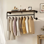 Wall-Mounted Garment Rail with Dark Pipe Frame, Rectangular Wood Shelf, Three Hooks and 100cm Width