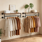 Wall-Mounted Garment Rail with Dark Pipe Frame, Rectangular Wood Shelf, Three Hooks and 100cm Width