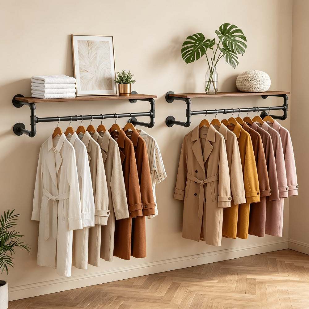 Wall-Mounted Garment Rail with Dark Pipe Frame, Rectangular Wood Shelf, Three Hooks and 100cm Width